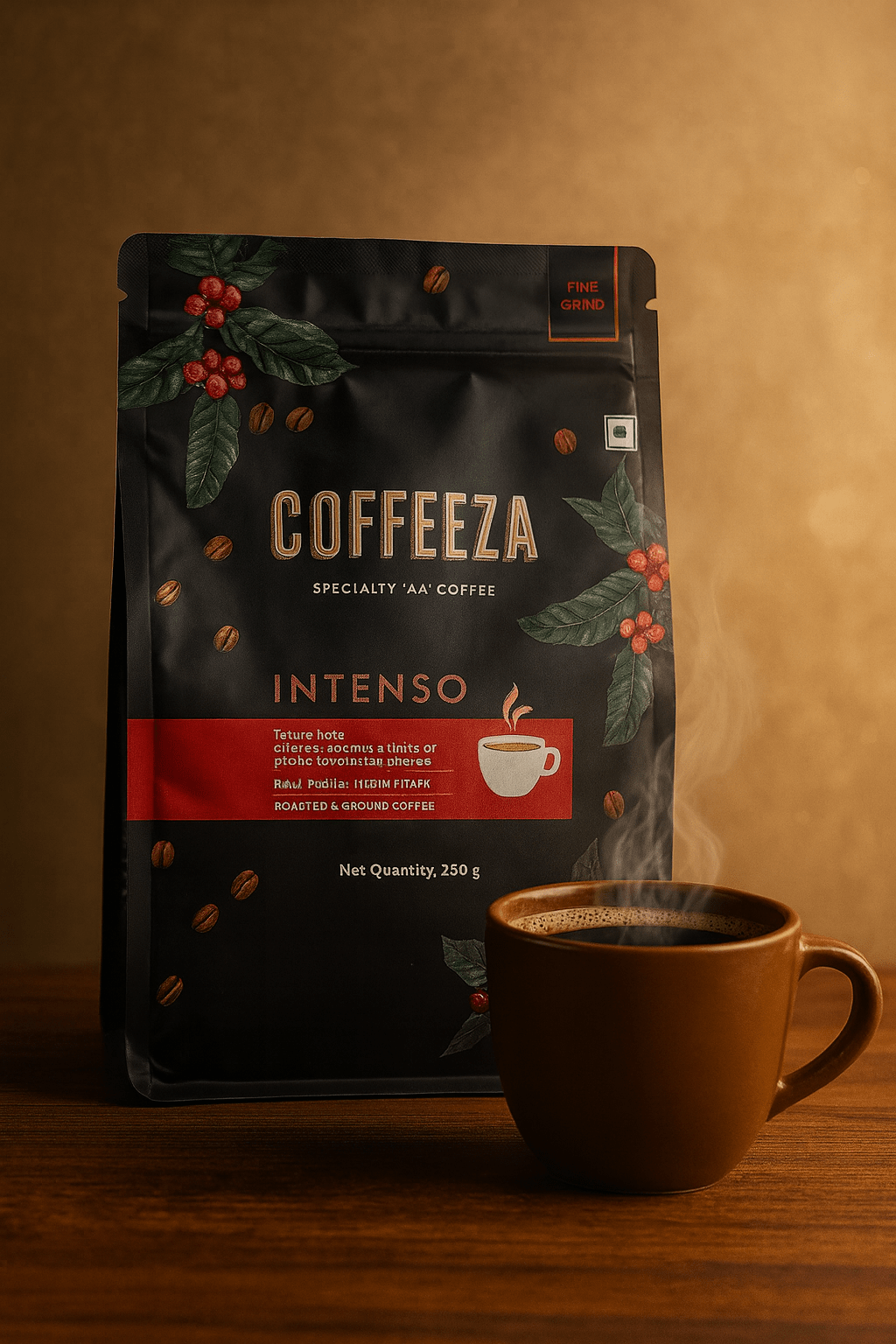 COFFEEZA Ground Coffee - Fine Grind - Intenso - 250G - Medium-Dark Roast 100% Arabica Ground Coffee Powder